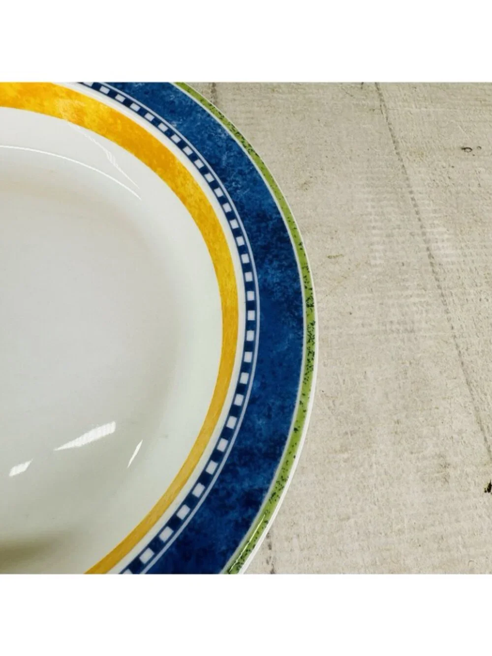 Dansk Bistro KOBENHAVN Blue Yellow Band Smooth Green Trim Rimmed Soup Bowl Set 4